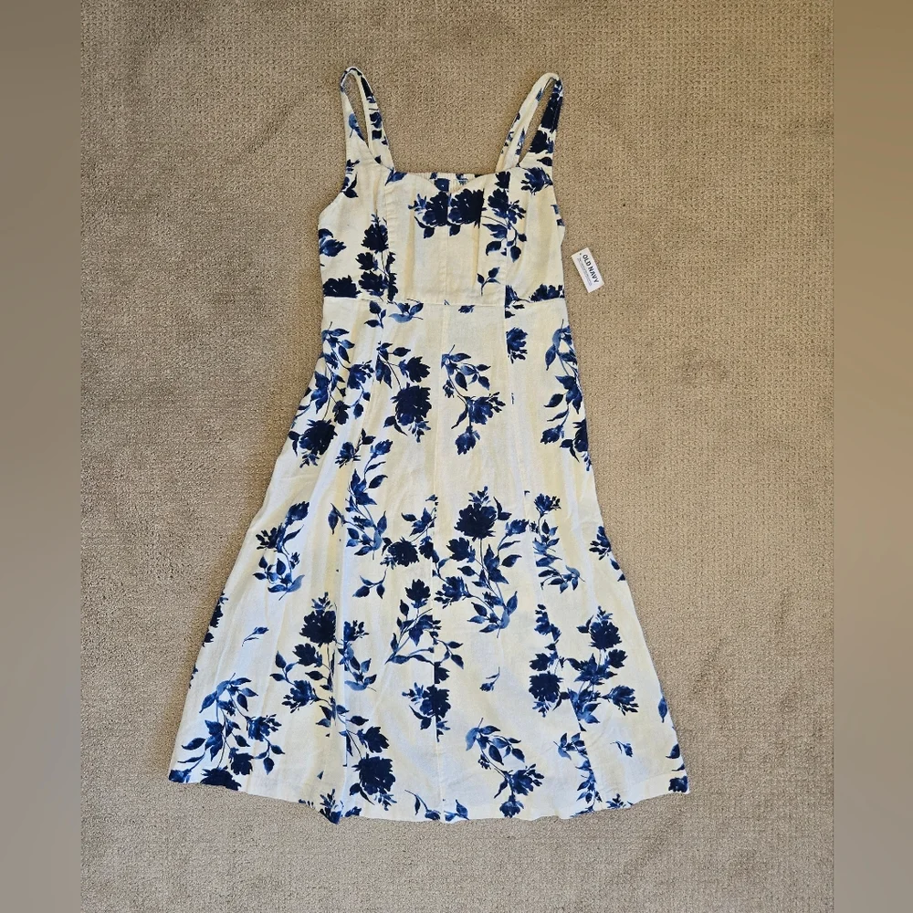 NWT Old Navy Blue Floral Fit & Flare Linen Dress Size M - Picture 6 of 9